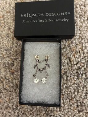 Silpada Sterling Silver marcasite leaf Drop Earrings with CZ Drops P0973 Retired